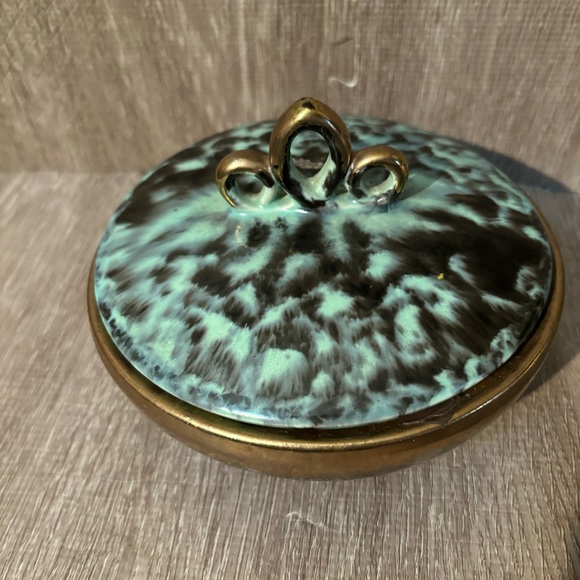 RARE MCM Fohr-Keramik Candy Trinket Dish W/lid Germany 320 Gold Green Lava Glaze - Picture 3 of 9